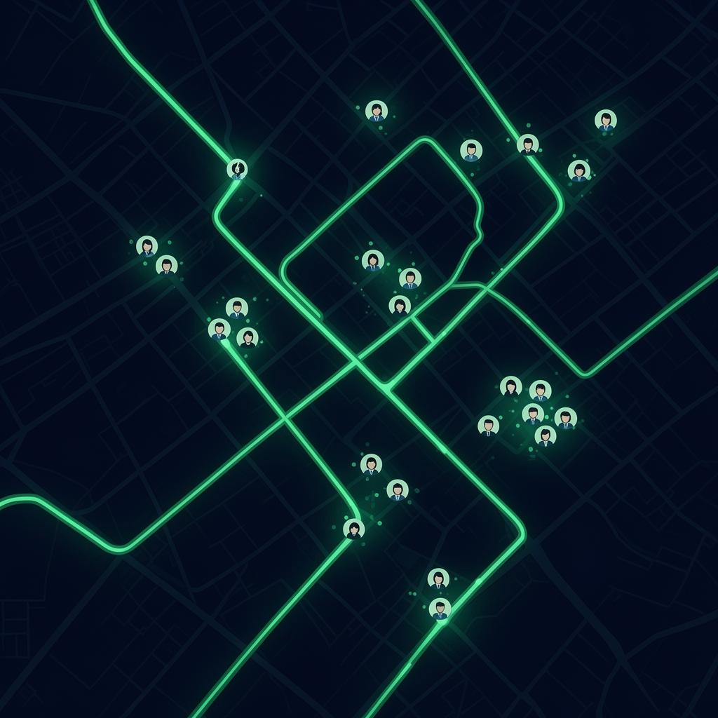Visualization of commuter routes and groups across a city map